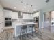 Modern white kitchen with island, pendant lighting, stainless steel appliances, and wood-look tile flooring at 12652 Shetland Walk Dr, Lithia, FL 33547