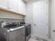 Laundry room featuring a set of modern front-load washing machine and dryer, with white cabinets at 12652 Shetland Walk Dr, Lithia, FL 33547