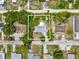 Bird's eye view of the home, surrounded by mature trees, and adjacent to a quiet street at 1843 Berg Rd, Holiday, FL 34690
