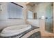 Luxurious bathroom featuring a jacuzzi tub, glass shower, and marble countertops and tile at 4710 Troydale Rd, Tampa, FL 33615