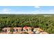 Aerial view of townhomes surrounded by trees with a city skyline in the distance at 4920 Anniston Cir, Tampa, FL 33647
