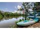 Scenic waterfront view with a private dock, kayak, and American flag, perfect for lakeside enjoyment and relaxation at 7332 Janczlik Dr, New Port Richey, FL 34652