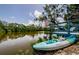 Picturesque waterfront setting with a blue kayak, American flag, and an inviting deck for relaxing by the water at 7332 Janczlik Dr, New Port Richey, FL 34652