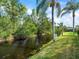 Beautiful water view with lush landscaping, palm trees, and green grass at 7606 Berna Ln, Land O Lakes, FL 34637