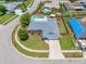 An aerial view of a single-story home with a backyard pool and a well-kept lawn in a neighborhood at 12879 112Th St, Largo, FL 33778