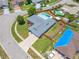 Overhead shot of a single Gathering home, showcasing its pool and fenced backyard in a residential neighborhood at 12879 112Th St, Largo, FL 33778