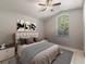 Modern bedroom boasts neutral walls, a large window, ceiling fan, and contemporary decor at 18930 Wood Sage Dr, Tampa, FL 33647