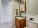 Cozy bathroom with a wood vanity, neutral countertop, and ample storage at 2442 Enterprise Rd # 6, Clearwater, FL 33763