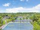 Overhead shot shows the blue basketball court and palm trees at 30247 Emmetts Ct, Wesley Chapel, FL 33543