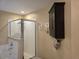 Bathroom featuring a walk-in shower, bathtub, tiled walls, and modern fixtures at 31141 Harthorn Ct, Wesley Chapel, FL 33543