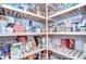 Organized pantry with wooden shelving stocked full of food and household goods at 4122 Natural Vista Ct, New Port Richey, FL 34655