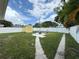 Landscaped backyard with white fence, shed, fire pit, and grassy area, creating a private outdoor space at 4242 7Th N Ave, St Petersburg, FL 33713