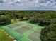 An aerial view of the community's well-maintained tennis courts surrounded by green trees and landscaping at 6804 Pleasant Oaks Pl, Riverview, FL 33578