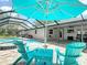Screened pool with a hot tub, patio seating area, and outdoor TV for relaxing and entertaining at 7511 Laurel Oak Ct, Port Richey, FL 34668