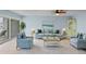 Stylishly decorated living room with comfortable seating, area rug, decorative cabinet, and water view at 14800 Walsingham Rd # 1215, Largo, FL 33774