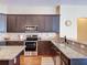 Kitchen features granite countertops, stainless steel appliances, tile backsplash, and dark wood cabinets at 22925 Collridge Dr, Land O Lakes, FL 34639