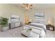 Inviting primary bedroom showcasing a decorative ceiling fan and stylish furnishings at 3682 Johnstown St, North Port, FL 34288