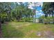 Scenic backyard featuring lush green grass, mature trees, and a tranquil pond view at 4617 Basswood St, Land O Lakes, FL 34639