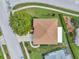 Bird's eye view of a well-maintained home with a brown roof, lush landscaping, and a neatly paved driveway at 4712 Coachmen Rd, New Port Richey, FL 34655