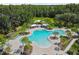 Aerial view of a large community pool with surrounding lounge chairs and palm trees at 10701 Morning Dew Way, Tampa, FL 33647