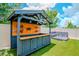 Backyard bar with wood accents, overhead lighting, and barstool seating area on artificial turf at 12215 Blue Pacific Dr, Riverview, FL 33579