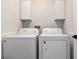 Bright laundry room with white washer and dryer and matching white storage cabinets above at 12215 Blue Pacific Dr, Riverview, FL 33579