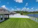 Fenced backyard featuring green grass and a tranquil lake view at 12931 Twin Bridges Dr, Riverview, FL 33579