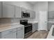 A well-equipped kitchen with gray cabinets, stainless steel appliances, and light countertops at 12931 Twin Bridges Dr, Riverview, FL 33579