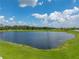 Picturesque view of a tranquil pond surrounded by lush greenery and under a blue sky filled with clouds at 12931 Twin Bridges Dr, Riverview, FL 33579