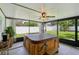 Relaxing screened-in porch area features a large, covered hot tub and ceiling fan at 1513 Loretta Ct, Brandon, FL 33511