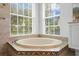 Bright bathroom with a corner soaking tub and garden window with views of tropical landscaping at 17807 Arbor Greene Dr, Tampa, FL 33647