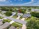 An aerial shot of a well-kept single Gathering home in a neighborhood near a small body of water at 18549 Grand Club Dr, Hudson, FL 34667