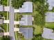 Aerial view of a residential street with well-maintained lawns and mature trees surrounding the properties at 18549 Grand Club Dr, Hudson, FL 34667