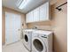 Bright laundry room with a washer, dryer, white cabinets and a door to outside at 18549 Grand Club Dr, Hudson, FL 34667