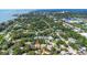 Stunning aerial view of a residential neighborhood with lush greenery and distant waterfront at 245 Grove Cir N, Dunedin, FL 34698