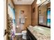 Bathroom featuring designer sink, mosaic countertop, and a decorative shower curtain at 34215 Kiefer Rd, Dade City, FL 33525