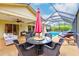 View of a screened-in pool, lanai, outdoor seating area, and the backyard at 6250 Fairskies Dr, New Port Richey, FL 34655