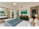 Bright bedroom showcasing a mirrored closet, a stylish dresser, and a comfy bed with a blue blanket at 6263 93Rd N Ter # 4202, Pinellas Park, FL 33782