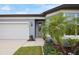 Close up of the front entrance with decorative plants, well maintained lawn at 6447 Bradford Woods Dr, Zephyrhills, FL 33542
