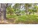 Seating on the backyard lawn overlooking the pond with trees and shrubbery creating a private outdoor space at 23067 Brighton Pl, Land O Lakes, FL 34639