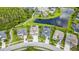 Lovely aerial view showcases a home with pool, lush green lawn, pond, and winding walkways at 2812 Long Bow Way, Odessa, FL 33556