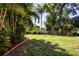 Spacious backyard offers a lush lawn, mature trees, and defined landscape beds at 4205 Helene Pl, Valrico, FL 33594