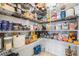 Well-stocked walk-in pantry with wire shelving, filled with various food items and containers at 7517 Notched Pine Bnd, Wesley Chapel, FL 33545