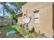 View of the exterior facade and backyard with foliage and direct tv dish at 1269 Drew St, Clearwater, FL 33755