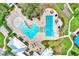Aerial view of community pool and water park surrounded by lush greenery and ample seating at 12838 Wildflower Meadow Dr, Riverview, FL 33579