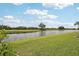 Tranquil view of the backyard with a serene pond and lush greenery at 1901 E Del Webb Blvd, Sun City Center, FL 33573