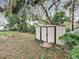 Backyard shed surrounded by mature trees and green ground cover providing storage solutions at 307 Fern Cliff Ave, Temple Terrace, FL 33617