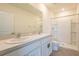 Bright bathroom featuring double sinks, white cabinetry, and a stand-up shower at 33063 Tulip Petal Ln, Wesley Chapel, FL 33545