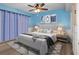 Stylish primary bedroom featuring soft blue walls, chic decor, white trim, and a ceiling fan at 3944 49Th S Ave, St Petersburg, FL 33711