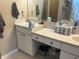 Bathroom vanity area with double sinks, ample counter space, and storage cabinets at 4436 Horseshoe Pick Ln, Valrico, FL 33594
